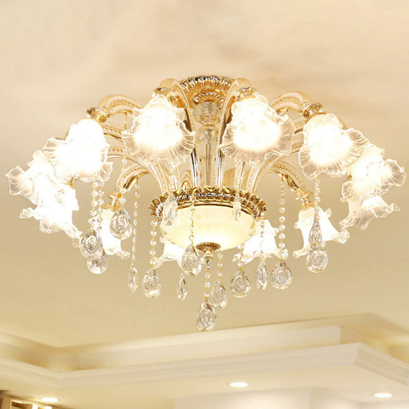 Blossom Pendant Lamp Modern Style Frosted Glass Corridor Chandelier Light with Crystal Ball in Gold 12 Gold Clearhalo 'Ceiling Lights' 'Chandeliers' 'Modern Chandeliers' 'Modern' Lighting' 2030239