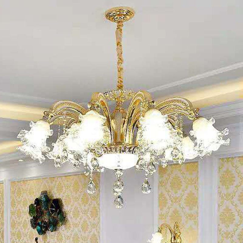 Modernist Floral Pendant Light Kit Clear Glass Living Room Crystal Chandelier Lamp in Gold 15 Gold Clearhalo 'Ceiling Lights' 'Chandeliers' 'Modern Chandeliers' 'Modern' Lighting' 2030247