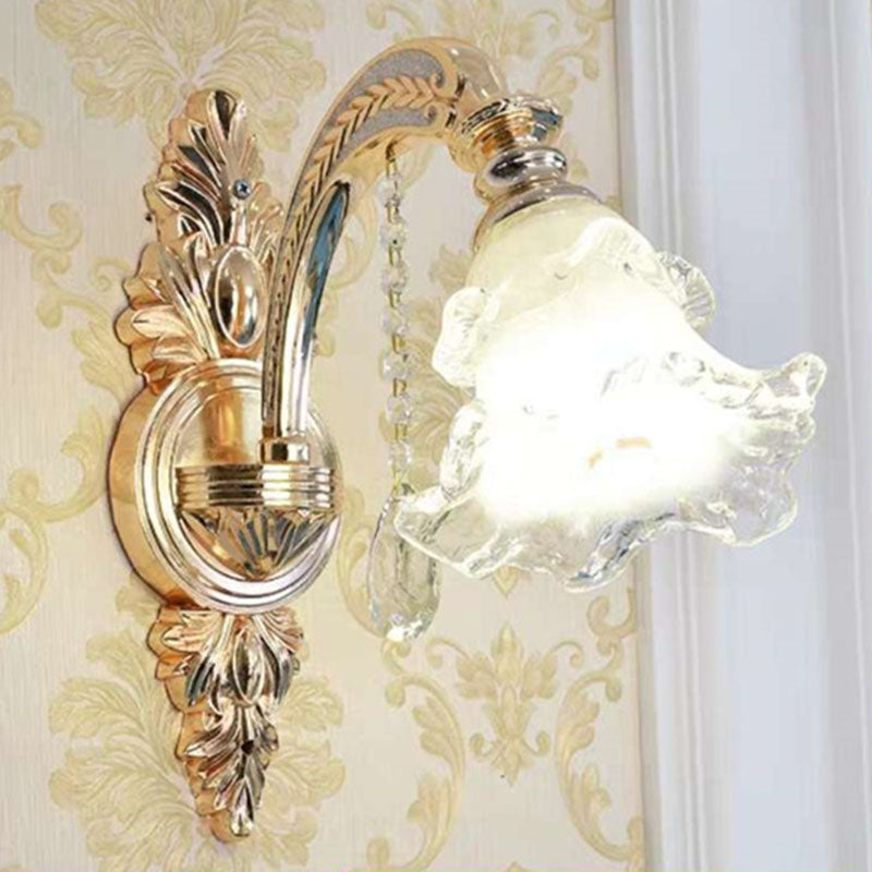 Modernist Floral Pendant Light Kit Clear Glass Living Room Crystal Chandelier Lamp in Gold 1 Gold Clearhalo 'Ceiling Lights' 'Chandeliers' 'Modern Chandeliers' 'Modern' Lighting' 2030255