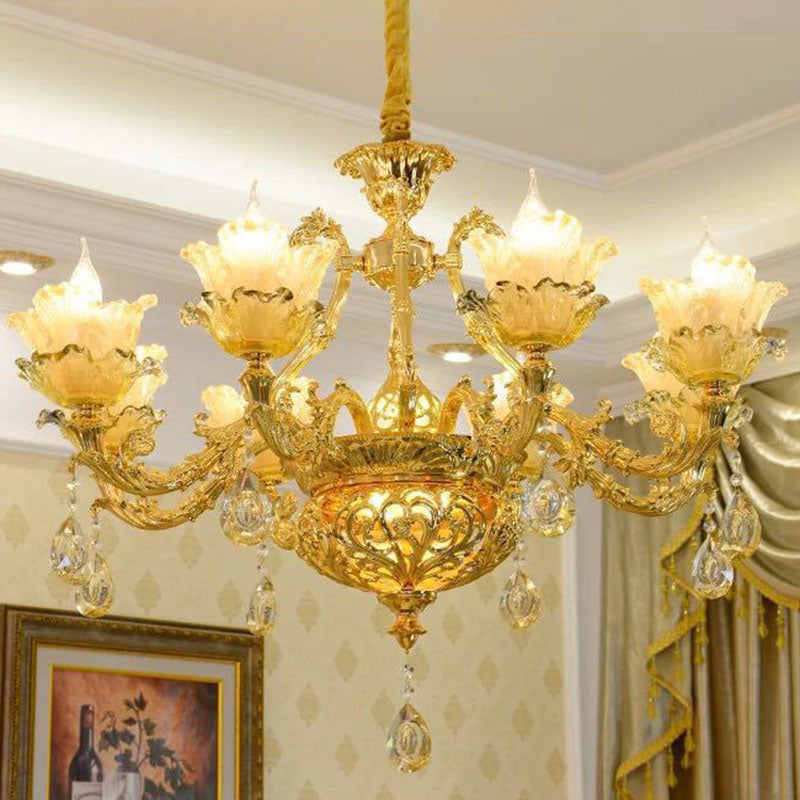 Petal Living Room Hanging Chandelier Amber Textured Glass Modernism Pendant Light Fixture in Gold 8 Gold Clearhalo 'Ceiling Lights' 'Chandeliers' 'Modern Chandeliers' 'Modern' Lighting' 2030270