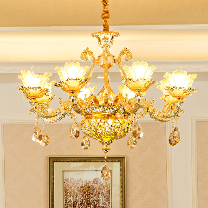 Petal Living Room Hanging Chandelier Amber Textured Glass Modernism Pendant Light Fixture in Gold Clearhalo 'Ceiling Lights' 'Chandeliers' 'Modern Chandeliers' 'Modern' Lighting' 2030271