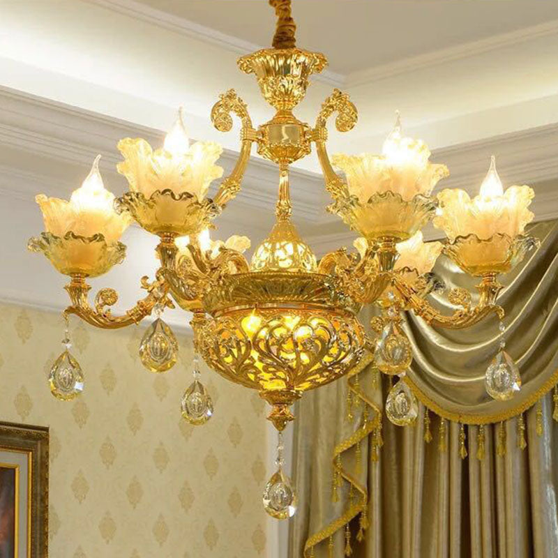 Petal Living Room Hanging Chandelier Amber Textured Glass Modernism Pendant Light Fixture in Gold 6 Gold Clearhalo 'Ceiling Lights' 'Chandeliers' 'Modern Chandeliers' 'Modern' Lighting' 2030272