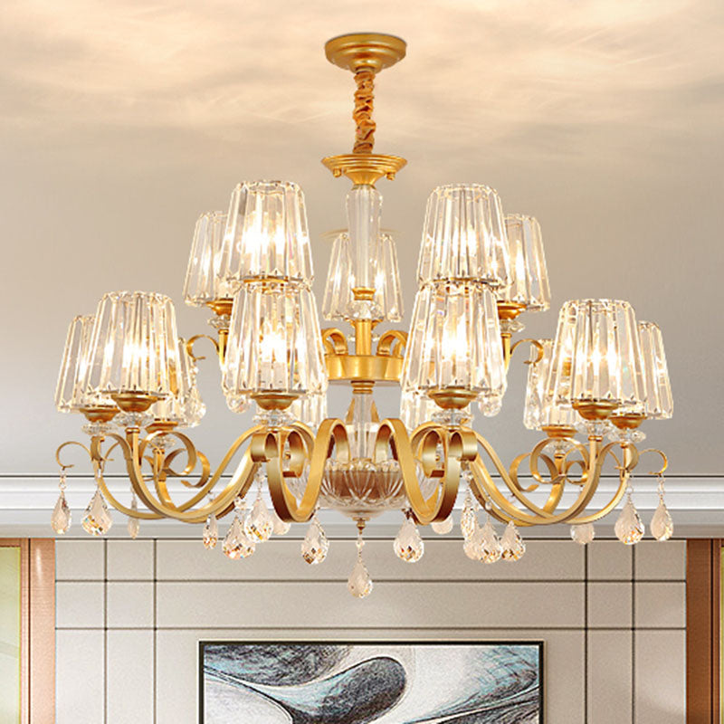 Tapered Beveled Crystal Hanging Light Kit Simplicity Gold Ceiling Chandelier with Scrolled Arm 15 Gold Clearhalo 'Ceiling Lights' 'Chandeliers' 'Modern Chandeliers' 'Modern' Lighting' 2030276