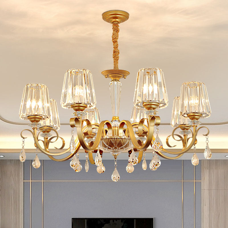 Tapered Beveled Crystal Hanging Light Kit Simplicity Gold Ceiling Chandelier with Scrolled Arm 8 Gold Clearhalo 'Ceiling Lights' 'Chandeliers' 'Modern Chandeliers' 'Modern' Lighting' 2030282