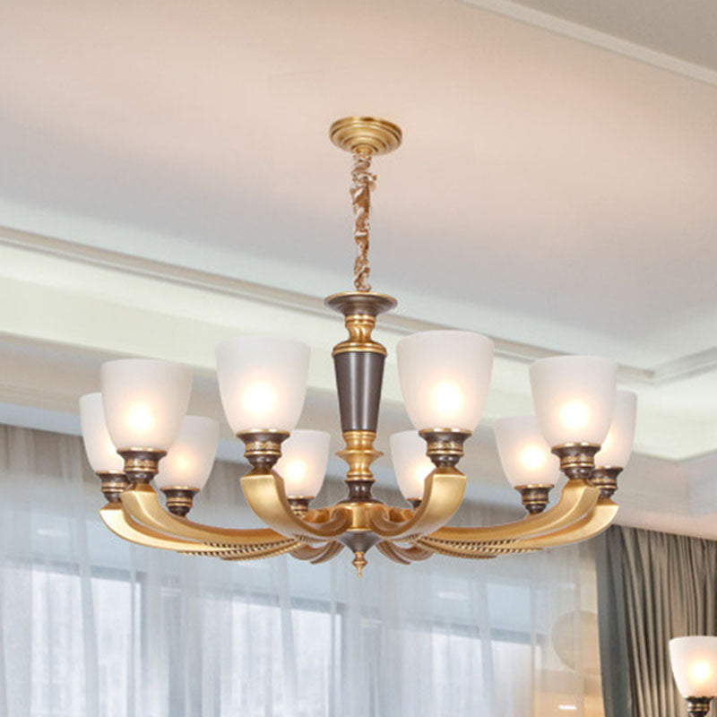Simplicity Chandelier Lamp Brass Bowl Suspension Lighting Fixture with White Frosted Glass Shad 10 White Clearhalo 'Ceiling Lights' 'Chandeliers' 'Modern Chandeliers' 'Modern' Lighting' 2030313