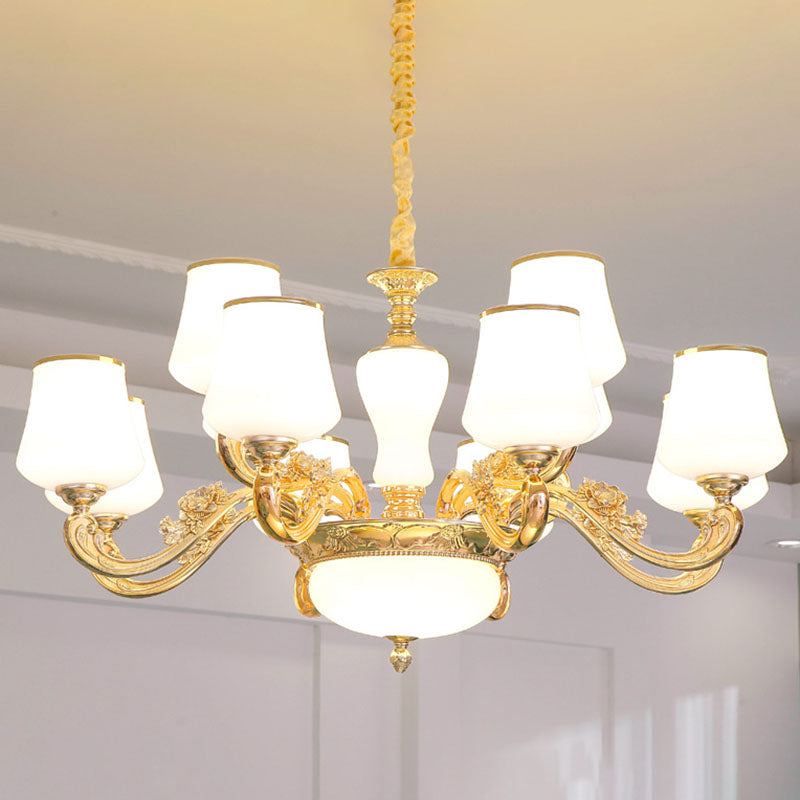 Tapered Drop Pendant Simple White Glass Gold Chandelier Lighting Fixture with Scrolled Arm 12 White Clearhalo 'Ceiling Lights' 'Chandeliers' 'Modern Chandeliers' 'Modern' Lighting' 2030364