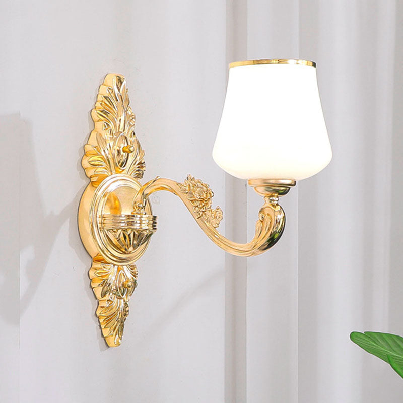 Tapered Drop Pendant Simple White Glass Gold Chandelier Lighting Fixture with Scrolled Arm 1 White Clearhalo 'Ceiling Lights' 'Chandeliers' 'Modern Chandeliers' 'Modern' Lighting' 2030372