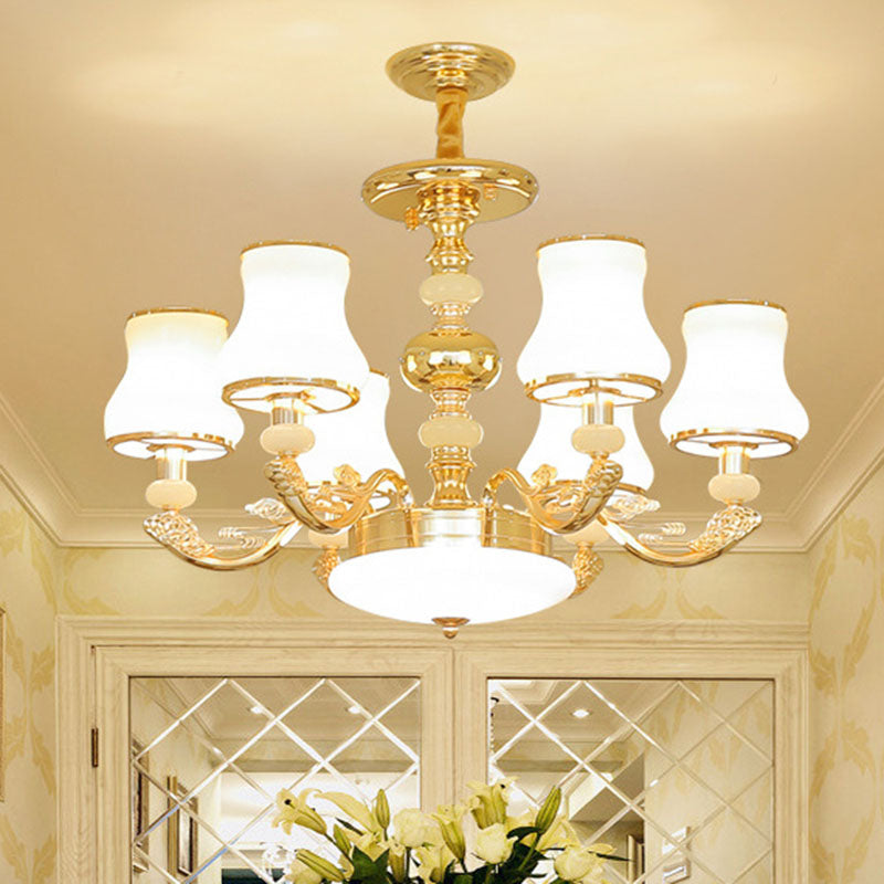 Gold Flared Drop Lamp Modernism Opaline Glass Chandelier Light Fixture for Living Room Clearhalo 'Ceiling Lights' 'Chandeliers' 'Modern Chandeliers' 'Modern' Lighting' 2030382