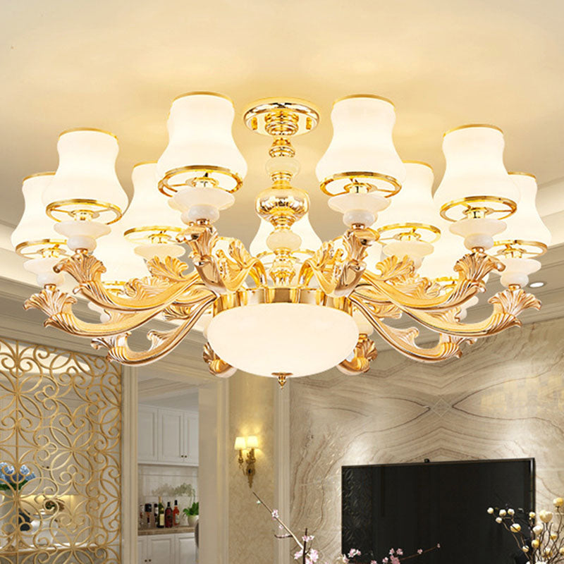 Curved Arm Living Room Hanging Lamp Metal Modern Chandelier Light with Urn Opal Glass Shade 15 White Clearhalo 'Ceiling Lights' 'Chandeliers' 'Modern Chandeliers' 'Modern' Lighting' 2030423