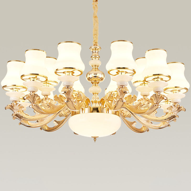 Curved Arm Living Room Hanging Lamp Metal Modern Chandelier Light with Urn Opal Glass Shade Clearhalo 'Ceiling Lights' 'Chandeliers' 'Modern Chandeliers' 'Modern' Lighting' 2030424
