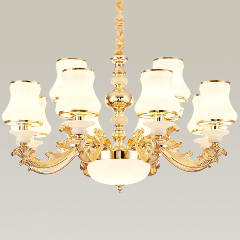 Curved Arm Living Room Hanging Lamp Metal Modern Chandelier Light with Urn Opal Glass Shade 12 White Clearhalo 'Ceiling Lights' 'Chandeliers' 'Modern Chandeliers' 'Modern' Lighting' 2030425