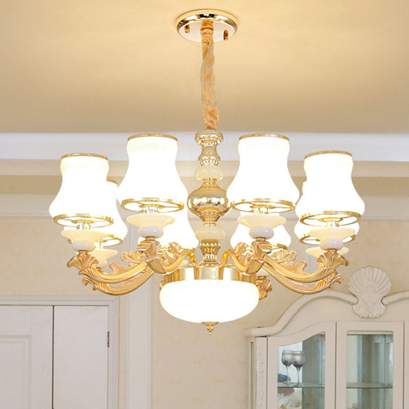 Curved Arm Living Room Hanging Lamp Metal Modern Chandelier Light with Urn Opal Glass Shade 8 White Clearhalo 'Ceiling Lights' 'Chandeliers' 'Modern Chandeliers' 'Modern' Lighting' 2030427