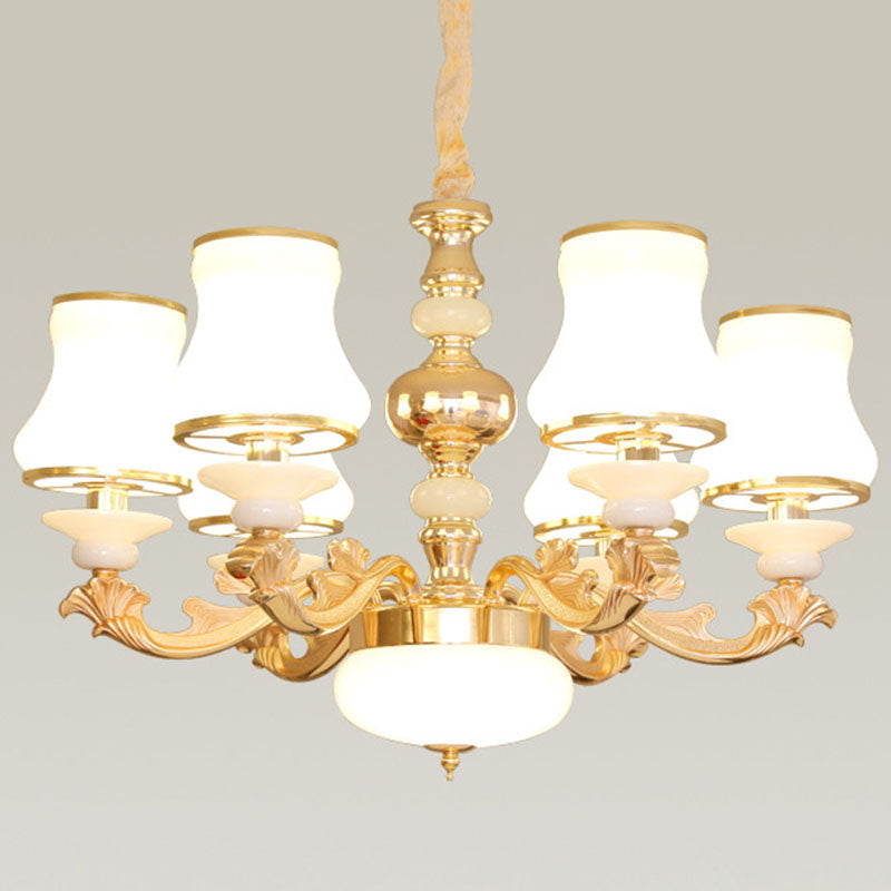 Curved Arm Living Room Hanging Lamp Metal Modern Chandelier Light with Urn Opal Glass Shade 6 White Clearhalo 'Ceiling Lights' 'Chandeliers' 'Modern Chandeliers' 'Modern' Lighting' 2030429