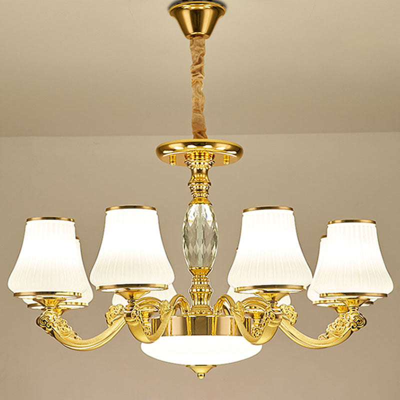 White Ribbed Glass Cone Ceiling Lamp Contemporary Gold Chandelier Light Fixture 8 White Clearhalo 'Ceiling Lights' 'Chandeliers' 'Modern Chandeliers' 'Modern' Lighting' 2030452