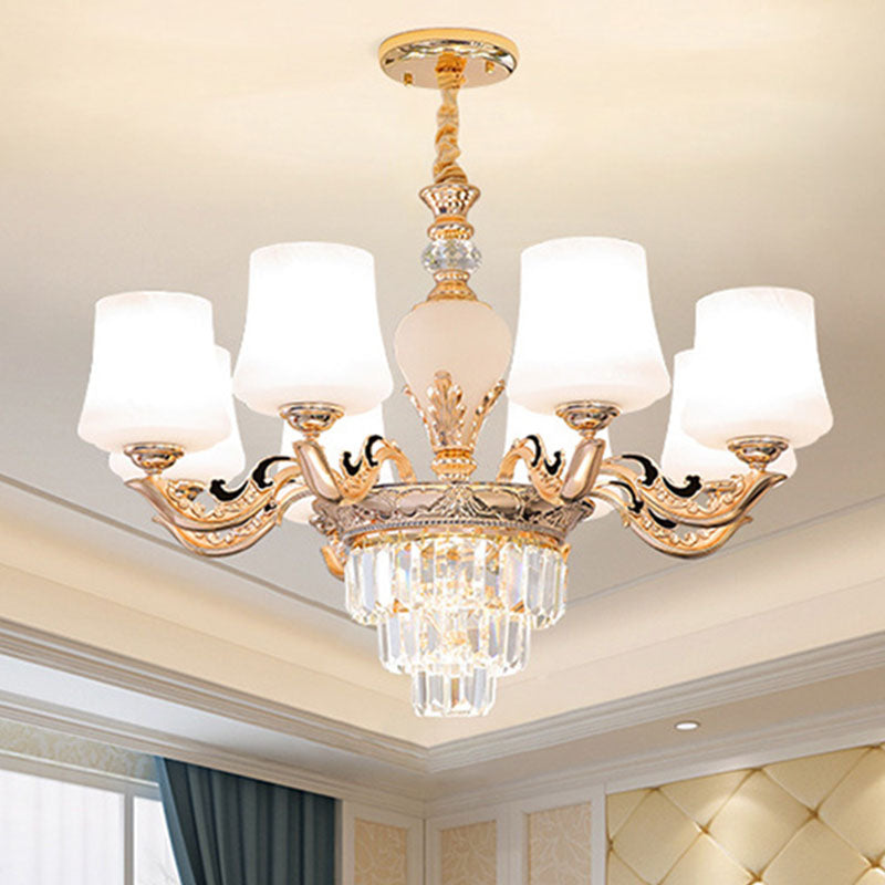 Simple Pendulum Light Gold Tapered Chandelier Lamp with White Frosted Glass Shade for Living Room 8 White Clearhalo 'Ceiling Lights' 'Chandeliers' 'Modern Chandeliers' 'Modern' Lighting' 2030654