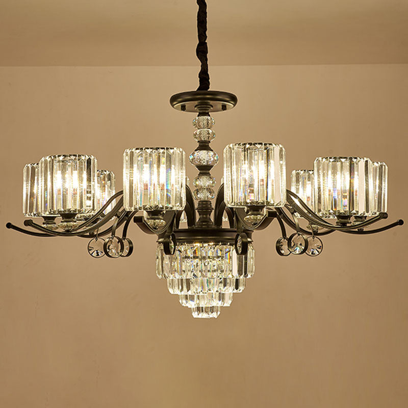 Cylinder Pendant Chandelier Modernist Clear Crystal Dining Room Hanging Ceiling Light in Black 10 Black Clearhalo 'Ceiling Lights' 'Chandeliers' 'Modern Chandeliers' 'Modern' Lighting' 2030755