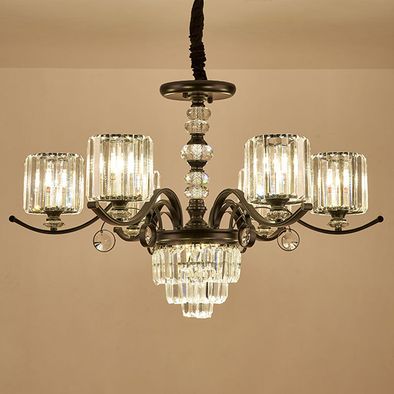 Cylinder Pendant Chandelier Modernist Clear Crystal Dining Room Hanging Ceiling Light in Black 6 Black Clearhalo 'Ceiling Lights' 'Chandeliers' 'Modern Chandeliers' 'Modern' Lighting' 2030760