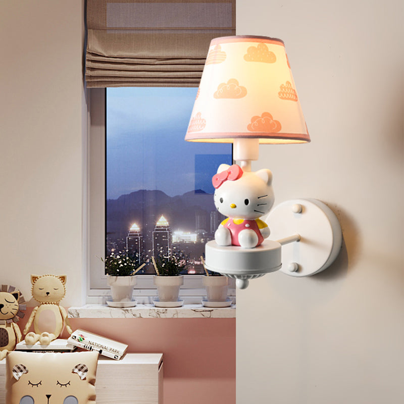 Single-Bulb Bedroom Wall Light Fixture Cartoon White Wall Mount Light with Conical Fabric Shade White C Clearhalo 'Wall Lamps & Sconces' 'Wall Lights' Lighting' 2030846