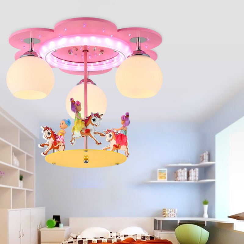 Pink Globe Flush Mount Fixture Creative 3 Bulbs Opal Glass Semi Flush Mount Ceiling Light with Merry-Go-Round Figurine Clearhalo 'Ceiling Lights' 'Close To Ceiling Lights' 'Close to ceiling' 'Flush mount' Lighting' 2030986