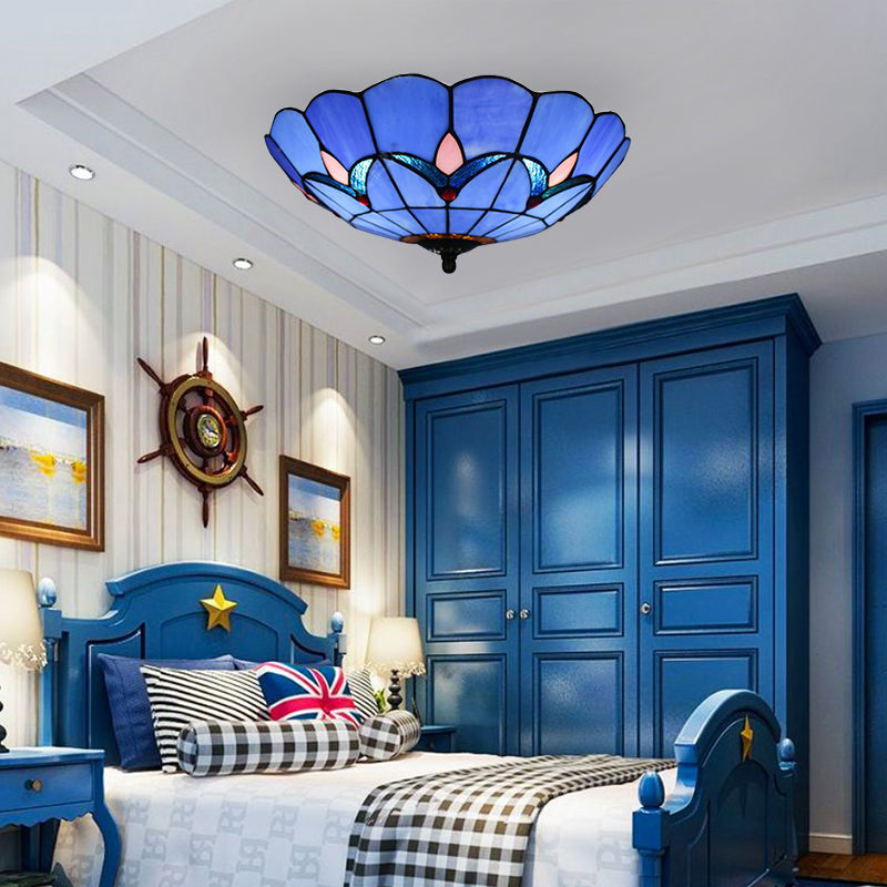 10"/12"/16"/19.5" W Bedroom Ceiling Lights Tiffany Dome Flush Mount Light Fixture in Blue with Jewel Decoration Blue Clearhalo 'Ceiling Lights' 'Close To Ceiling Lights' 'Close to ceiling' 'Glass shade' 'Glass' 'Semi-flushmount' 'Tiffany close to ceiling' 'Tiffany' Lighting' 20321