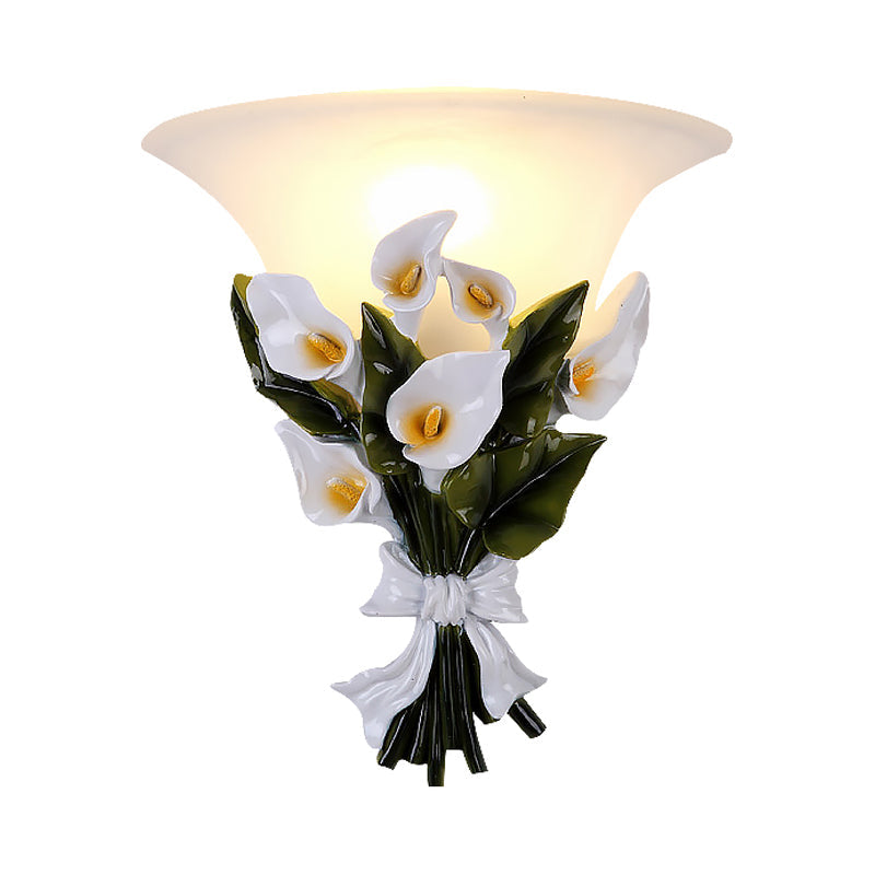 Flared White Glass Sconce Lamp Rustic 1 Light Living Room Wall Mounted Light with Green Bouquet Clearhalo 'Wall Lamps & Sconces' 'Wall Lights' Lighting' 203222