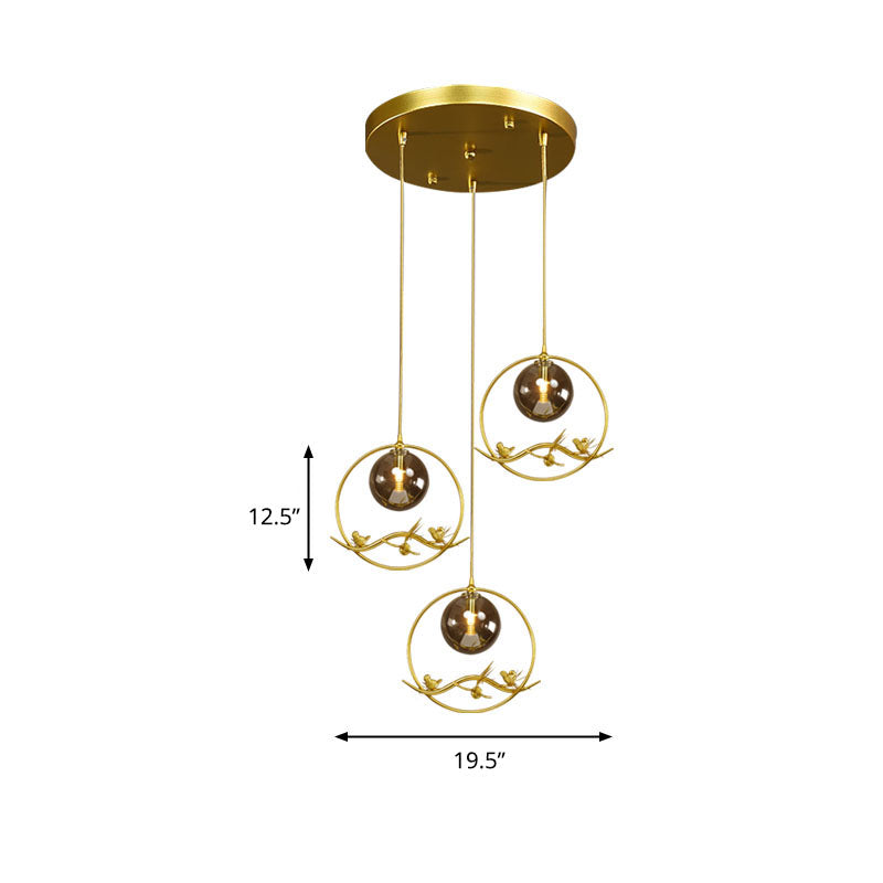 Globe Bedroom Pendant Light Vintage Smoke Gray/Clear/Amber Glass 1/3 Lights Brass Hanging Light with Round/Linear Canopy Clearhalo 'Ceiling Lights' 'Chandeliers' 'Glass shade' 'Glass' 'Pendant Lights' 'Pendants' Lighting' 203578