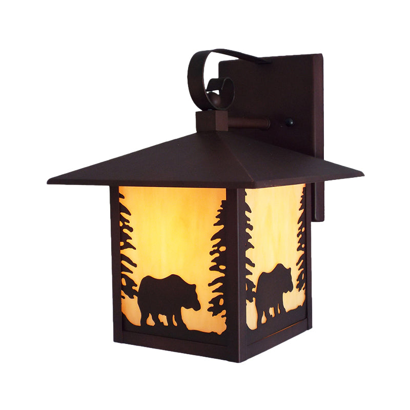 Metal Lantern Sconce Lighting Rustic 1 Light Porch Wall Mounted Lamp in Copper with Amber Glass Shade Clearhalo 'Wall Lamps & Sconces' 'Wall Lights' Lighting' 203638