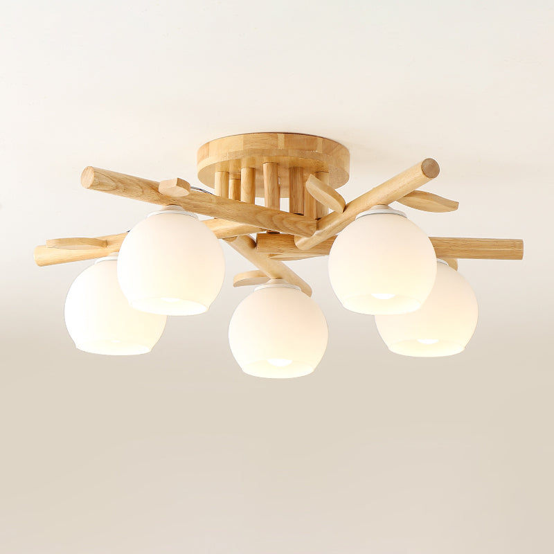 Cream Glass Sphere Flush Mount Light Nordic Wood Semi Flush Light with Branch-Like Decor Clearhalo 'Ceiling Lights' 'Close To Ceiling Lights' 'Close to ceiling' 'Flush mount' Lighting' 2038640