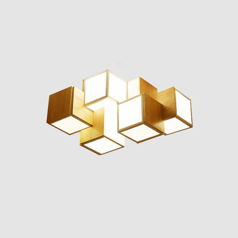 Cube Flush Ceiling Light Modern Wooden Beige Flush Mount Lighting Fixture for Bedroom Clearhalo 'Ceiling Lights' 'Close To Ceiling Lights' 'Close to ceiling' 'Flush mount' Lighting' 2038651