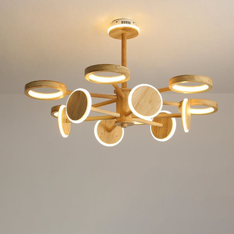 Japanese Radial Chandelier Light Wooden Living Room LED Hanging Light Fixture in Beige 13 Wood Clearhalo 'Carpenter Chandeliers' 'Ceiling Lights' 'Chandeliers' 'Industrial' 'Modern Chandeliers' 'Modern' Lighting' 2038683