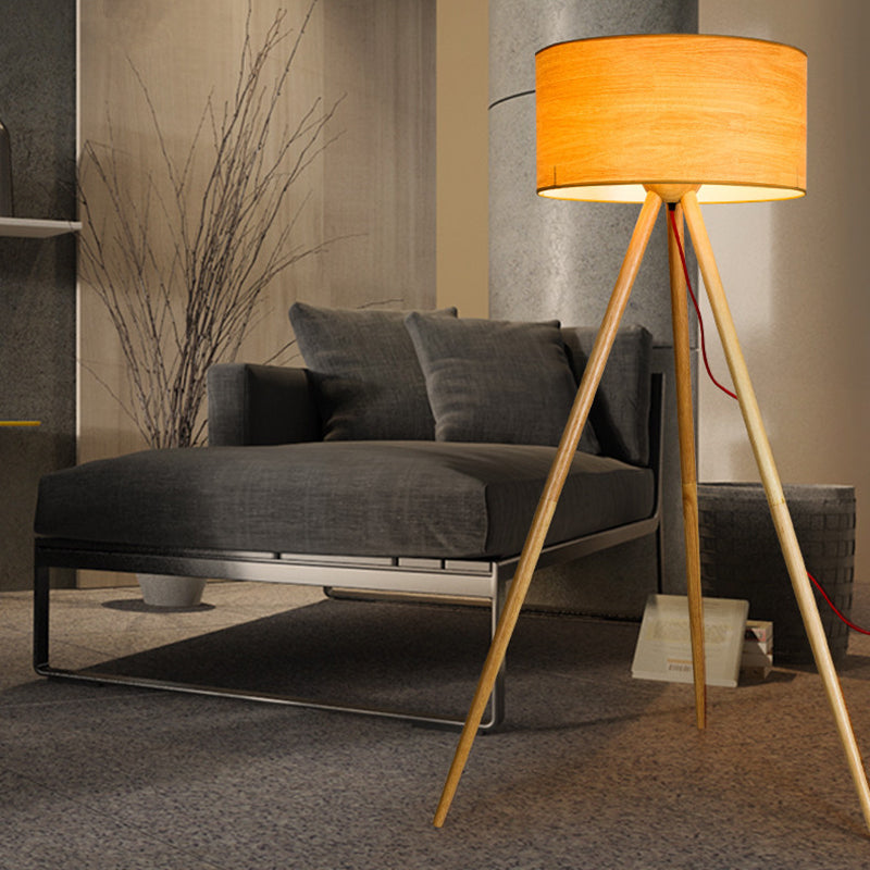 Tripod Bedroom Standing Lamp Wooden Simple LED Floor Light with Cylinder Shade, Beige Wood Clearhalo 'Floor Lamps' 'Lamps' Lighting' 2038832