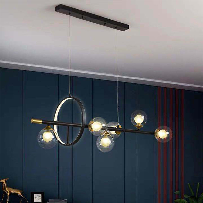 Molecular Dining Room Island Pendant Light Dual Glass 6-Light Modernism Hanging Lamp Kit with Metal Frame Black Round Clearhalo 'Ceiling Lights' 'Close To Ceiling Lights' 'Glass shade' 'Glass' 'Island Lights' Lighting' 2039118