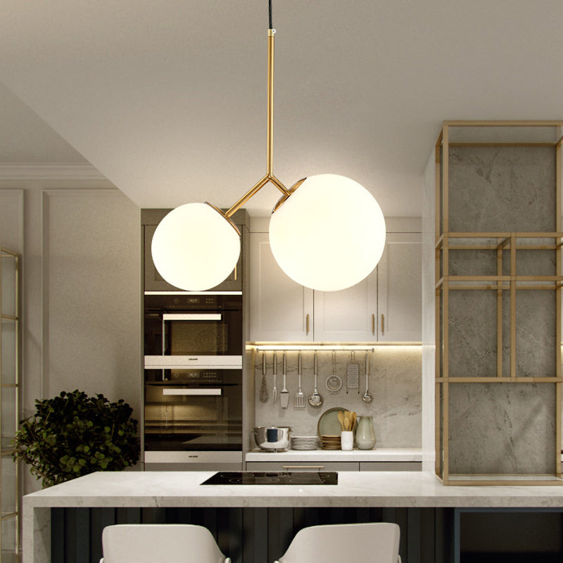 Gold Spherical Chandelier Light Modernity 2 Bulbs Milky Glass Suspension Pendant for Dining Room Clearhalo 'Ceiling Lights' 'Chandeliers' 'Glass shade' 'Glass' 'Modern Chandeliers' 'Modern' Lighting' 2039318