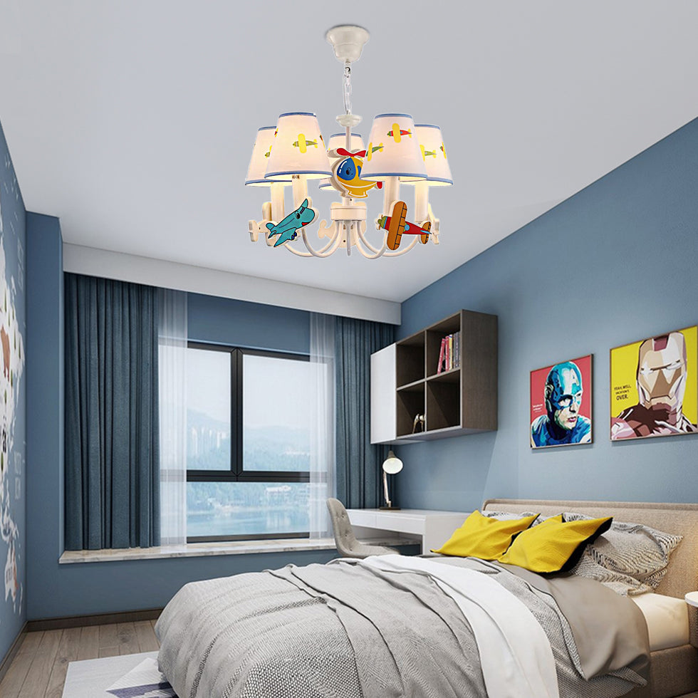 Kids White Suspension Light with Airplane Tapered Shade 5 Lights Metal Chandelier for Bedroom Clearhalo 'Ceiling Lights' 'Chandeliers' Lighting' options 204022