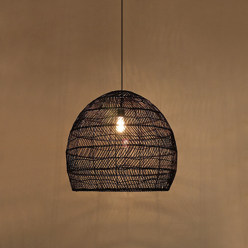 Rattan Cloche Pendant Ceiling Light Asian Single-Bulb Suspension Lighting over Dining Table Black 14" Clearhalo 'Ceiling Lights' 'Pendant Lights' 'Pendants' Lighting' 2044406_3e502276-627b-4bc6-9295-6a89e5bd5699