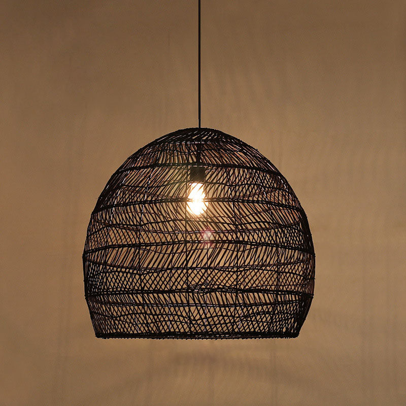 Rattan Cloche Pendant Ceiling Light Asian Single-Bulb Suspension Lighting over Dining Table Black 31.5" Clearhalo 'Ceiling Lights' 'Pendant Lights' 'Pendants' Lighting' 2044410_948b38c9-a448-4348-8d5e-bf845e0ef438