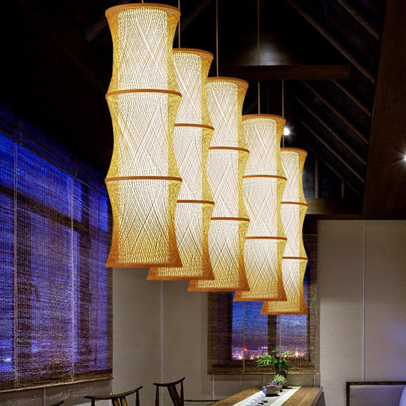 Asian 1-Light Ceiling Lamp Wood Fish Trap Wire Pendant Lighting with Rattan Shade Clearhalo 'Ceiling Lights' 'Pendant Lights' 'Pendants' Lighting' 2044486