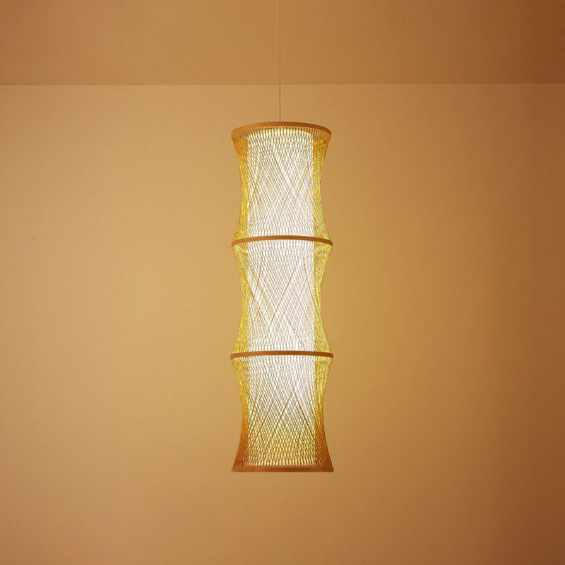 Asian 1-Light Ceiling Lamp Wood Fish Trap Wire Pendant Lighting with Rattan Shade Clearhalo 'Ceiling Lights' 'Pendant Lights' 'Pendants' Lighting' 2044489