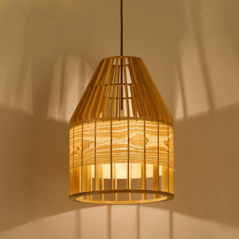 Slatted Cage Wooden Pendant Light Asia Single Bulb Beige Suspended Lighting Fixture Wood A Clearhalo 'Ceiling Lights' 'Pendant Lights' 'Pendants' Lighting' 2044622_4a1d0686-395b-4b99-ad1d-5322f582d66a