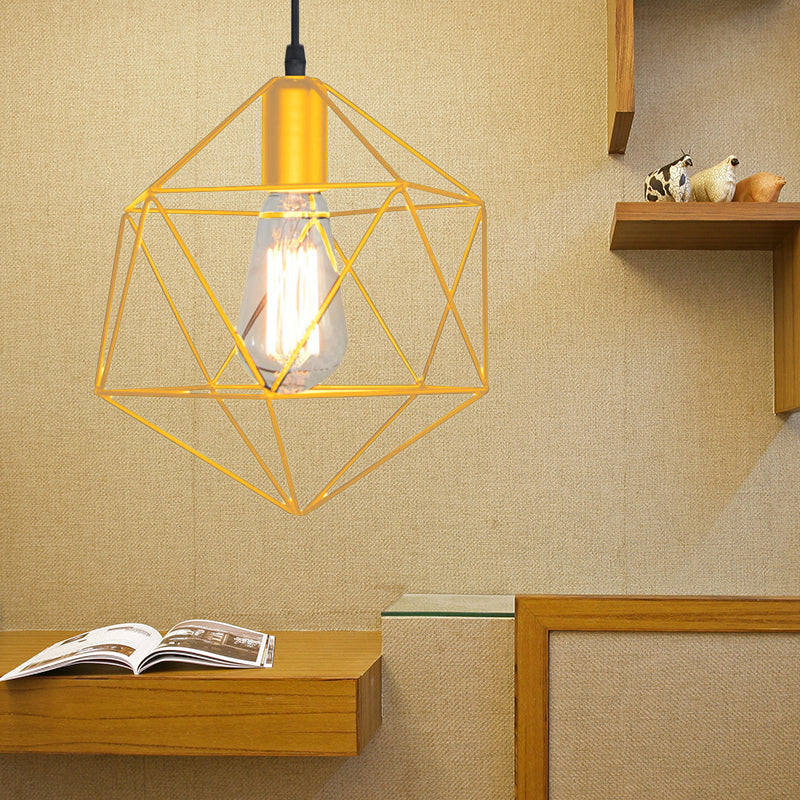 1-Light Geometric Cage Pendant Light Industrial Black/Gold Metal Hanging Lamp for Kitchen Island Gold Clearhalo 'Ceiling Lights' 'Industrial Pendants' 'Industrial' 'Middle Century Pendants' 'Pendant Lights' 'Pendants' 'Tiffany' Lighting' 204471