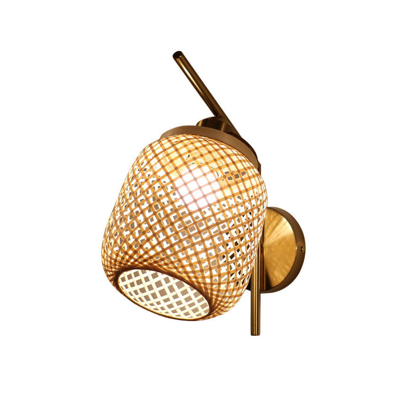 Bamboo Criss-Cross Woven Wall Lantern Chinese Style 1 Bulb Wood Wall Mounted Light Fixture Wood E Clearhalo 'Wall Lamps & Sconces' 'Wall Lights' Lighting' 2044728