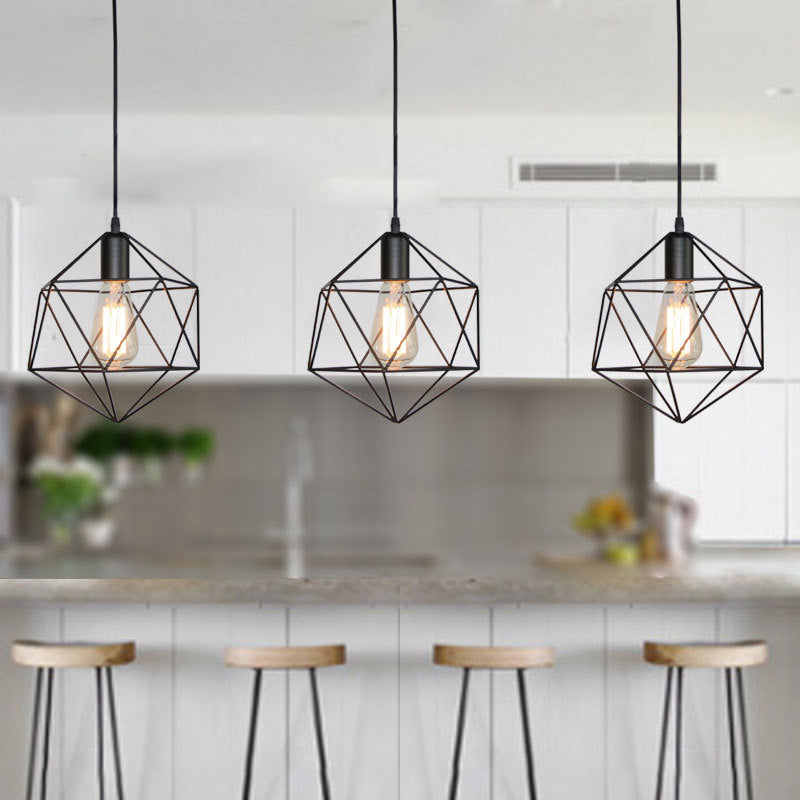 1-Light Geometric Cage Pendant Light Industrial Black/Gold Metal Hanging Lamp for Kitchen Island Black Clearhalo 'Ceiling Lights' 'Industrial Pendants' 'Industrial' 'Middle Century Pendants' 'Pendant Lights' 'Pendants' 'Tiffany' Lighting' 204474