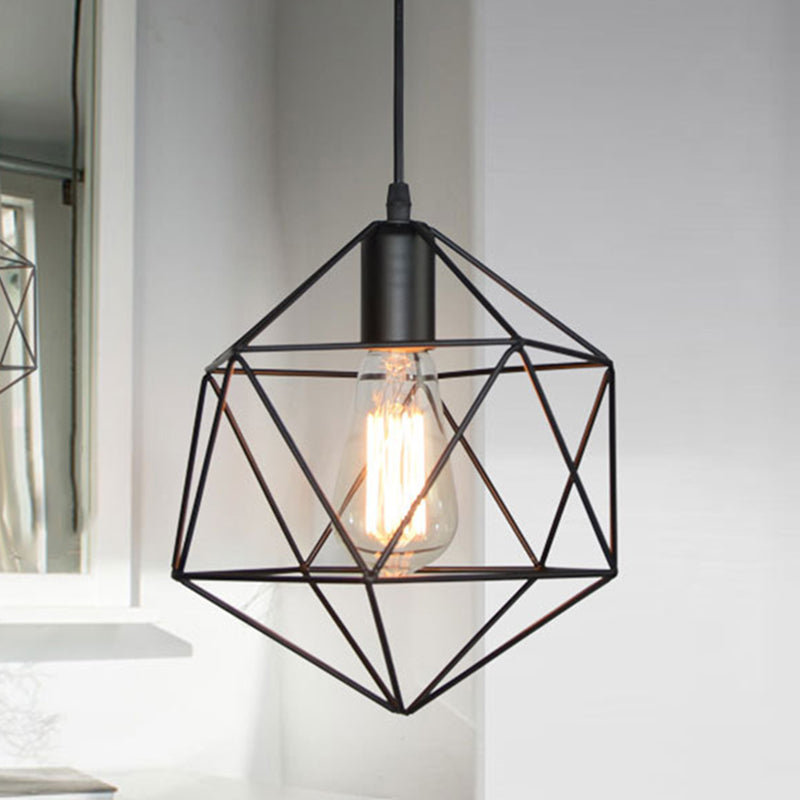 1-Light Geometric Cage Pendant Light Industrial Black/Gold Metal Hanging Lamp for Kitchen Island Clearhalo 'Ceiling Lights' 'Industrial Pendants' 'Industrial' 'Middle Century Pendants' 'Pendant Lights' 'Pendants' 'Tiffany' Lighting' 204475