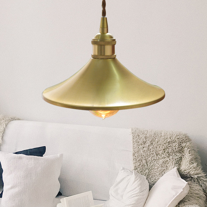 8"/10" Wide Cone Shade Metal Hanging Light Fixture Industrial 1 Light Living Room Pendant Lamp in Brass Brass Clearhalo 'Art Deco Pendants' 'Cast Iron' 'Ceiling Lights' 'Ceramic' 'Crystal' 'Industrial Pendants' 'Industrial' 'Metal' 'Middle Century Pendants' 'Pendant Lights' 'Pendants' 'Tiffany' Lighting' 204640