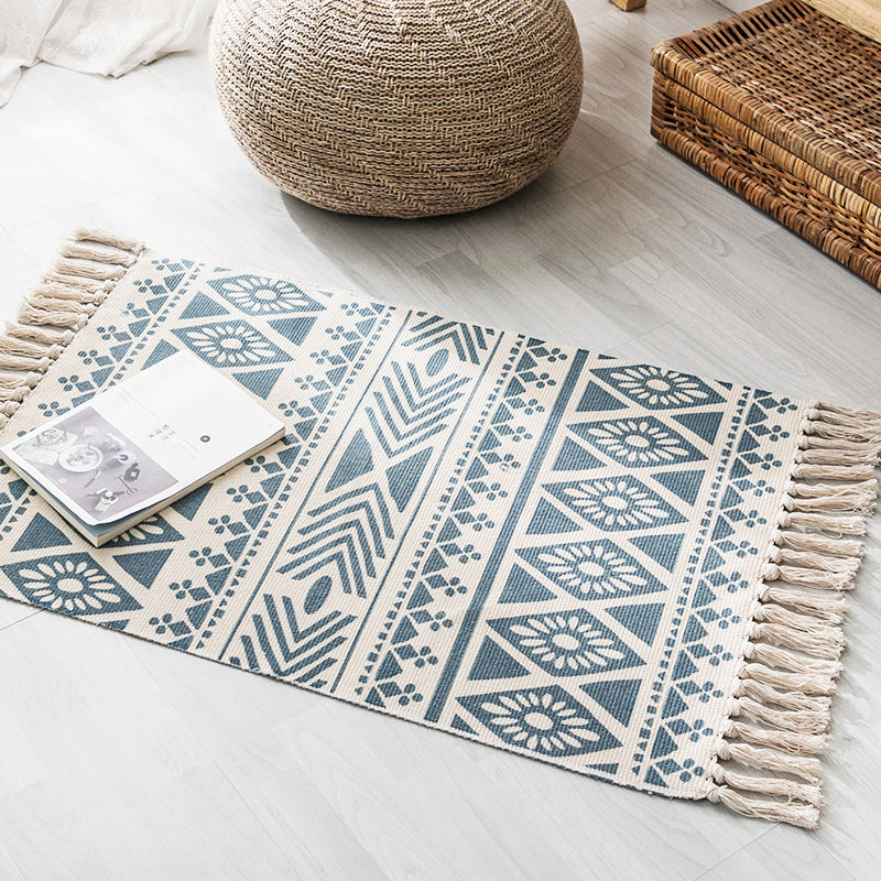 Boho Chic Bedroom Rug Multi-Color Geometric Pattern Rug Cotton Machine Wash Carpet with Tassel Fringe Beige-Blue 2' x 2'11" Clearhalo 'Area Rug' 'Bohemian' 'Rugs' Rug' 2046795