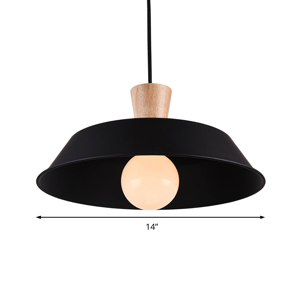 10"/14"/18" Wide Barn Living Room Hanging Lamp Industrial Iron 1-Light Black/White Pendant Light Fixture with Wooden Top Clearhalo 'Art Deco Pendants' 'Black' 'Cast Iron' 'Ceiling Lights' 'Ceramic' 'Crystal' 'Industrial Pendants' 'Industrial' 'Metal' 'Middle Century Pendants' 'Pendant Lights' 'Pendants' 'Rustic Pendants' 'Tiffany' Lighting' 204722