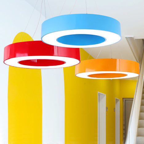 Integrated Led Drum Pendant Light Height Adjustable Metal Hanging Light for Play Room Clearhalo 'Ceiling Lights' 'Pendant Lights' 'Pendants' Lighting' 20507