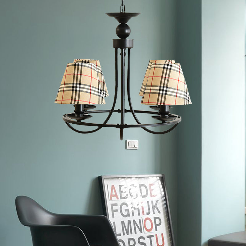 Fabric Tapered Shade Chandelier Kids Bedroom 4-Light Modern Ceiling Pendant in Black Beige Checkered Clearhalo 'Ceiling Lights' 'Chandeliers' Lighting' options 205150_68684948-6cdb-496c-9fd5-d8c08eb582ff