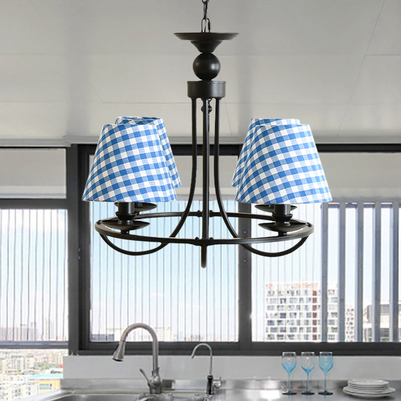 Fabric Tapered Shade Chandelier Kids Bedroom 4-Light Modern Ceiling Pendant in Black Blue Checkered Clearhalo 'Ceiling Lights' 'Chandeliers' Lighting' options 205154_c3ed0d1b-738c-424d-97fe-76aee38bcb6c