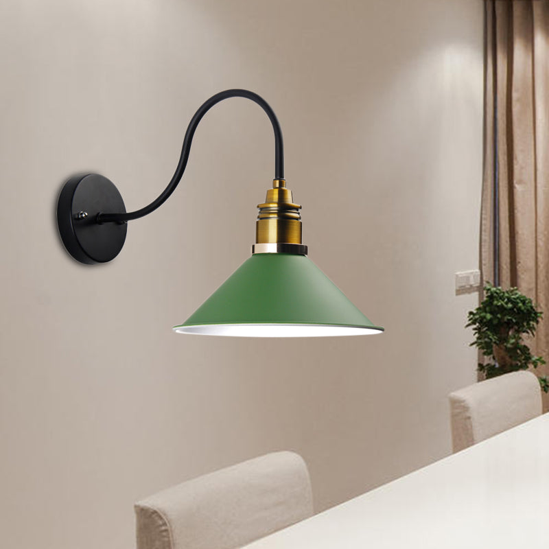 1 Light Pendant Lighting Industrial Metal Cone Bronze/Black/White Hanging Lamp for Indoor with Curved Arm Green Clearhalo 'Art deco wall lights' 'Cast Iron' 'Glass' 'Industrial wall lights' 'Industrial' 'Middle century wall lights' 'Modern' 'Rustic wall lights' 'Tiffany' 'Traditional wall lights' 'Wall Lamps & Sconces' 'Wall Lights' Lighting' 205243